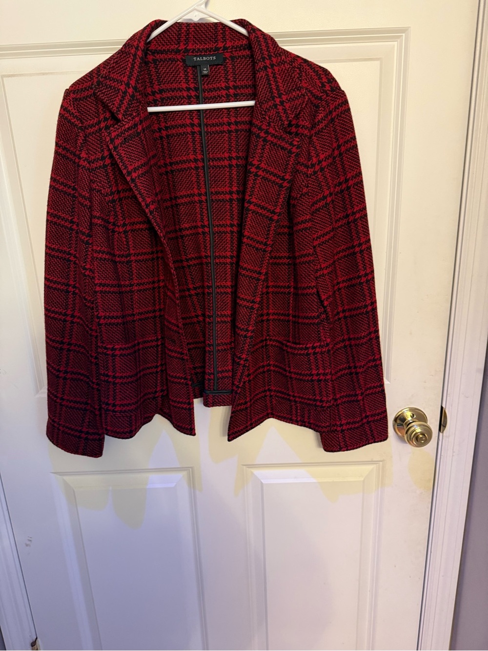 Talbots Red & Black Plaid Knit Blazer Jacket Size 14